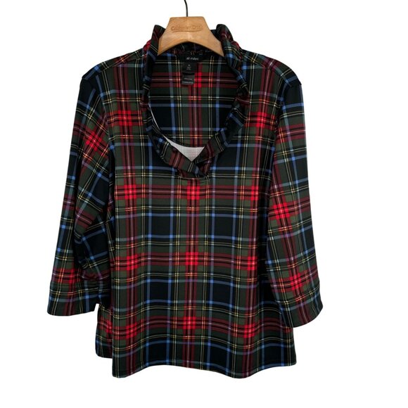 Ali Miles Tartan Plaid Scoop Ruffle Neck 3/4 Sleeve Red size large pletie - Picture 7 of 12